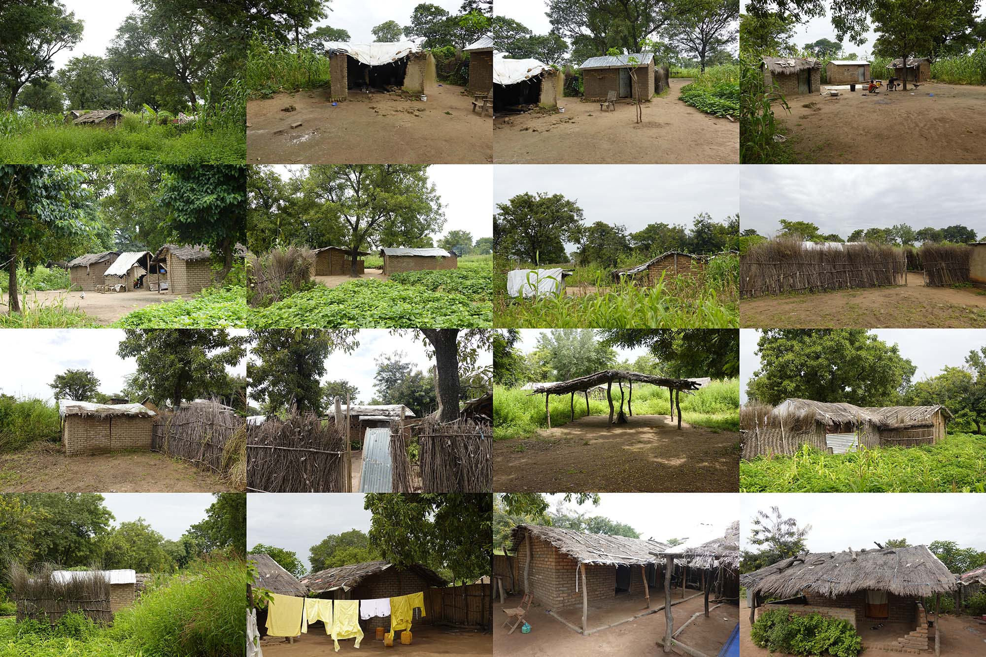 A grid of images showing houses in a refugee camp. 