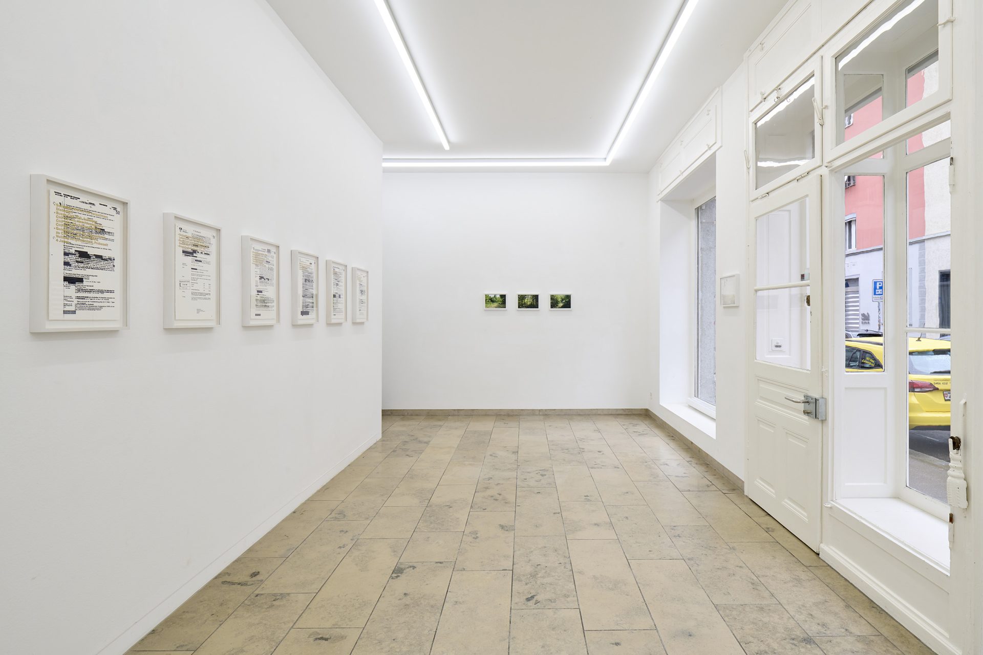 Three pictures of situations in a forest in a gallery. 